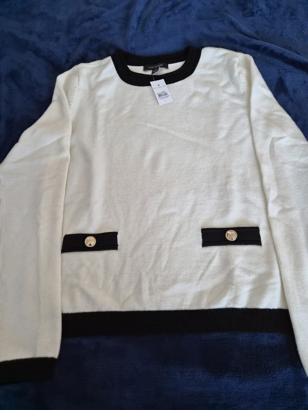 Black Trim Cream Sweater with Gold Buttons